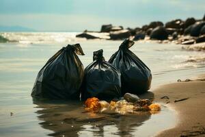 Large bags on the shore brim with collected plastic and waste AI Generated photo