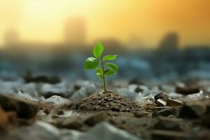 Green tree amidst plastic and parched soil symbolizes climate change AI Generated photo