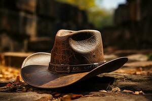 marrón vaquero sombrero, desgastado botas cerca Clásico rancho pared ai generado foto