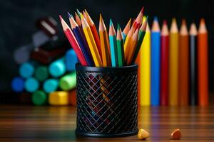 Pencil holder filled with vibrant pencils, setting the school tone AI Generated photo