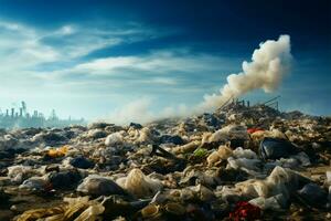 Pollution concept, Garbage pile, landfill waste, global warning AI Generated photo