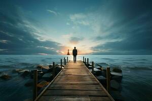 Gazing from pier, man connects with the boundless distant ocean AI Generated photo