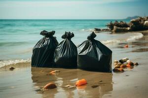 caminar por la playa esfuerzos resultado en pantalones lleno con el plastico y residuos ai generado foto