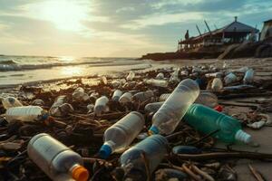 Beach strewn with discarded plastic bottles underscores the issue of pollution AI Generated photo