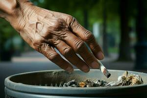 A closeup of a womans hand responsibly discarding a cigarette AI Generated photo