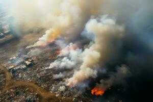 Aerial view, Landfills burning trash heaps, an environmental crisis unfolds AI Generated photo