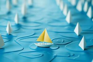 The blue paper boat guides a fleet of pristine white vessels AI Generated photo