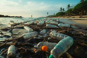 Beach strewn with discarded plastic bottles underscores the issue of pollution AI Generated photo