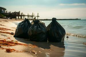 recogido el plastico y residuos llenar grande pantalones en el playa ai generado foto