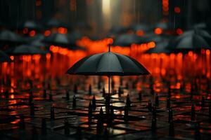 Black umbrellas blend, red stands alone - city background AI Generated photo