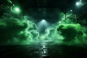 Futuristic smoke-filled room, Neon light, spotlight, brick walls, concrete floor AI Generated photo