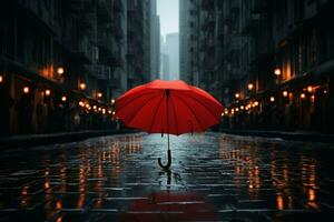 City setting, red umbrella pops among the black ones AI Generated photo