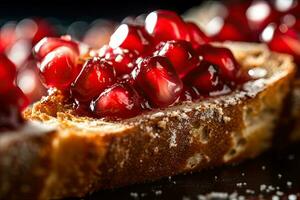 Pomegranate toast, macro shot of a fresh breakfast with Dripping Honey, AI Generated photo