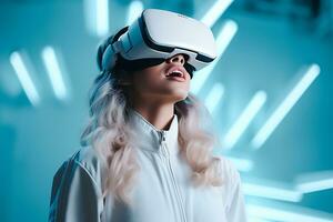 Woman wearing virtual reality simulator, white and bright lightning photo