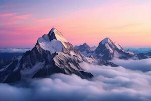 hermosa aéreo Disparo de montañas debajo el hermosa rosado y azul cielo foto