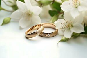 Wedding ring on a white background and with delicate white flowers photo