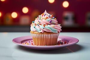 View of plate with delicious and sweet cupcake dessert photo