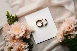 Top view wedding rings and paper with flowers photo