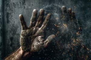 Hands covered in mud and dust, labor day, Generative AI photo