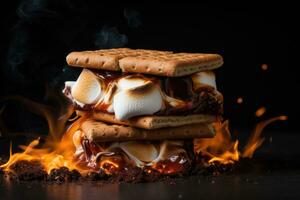 Homemade marshmallow s'mores with chocolate on crackers. Generative AI photo