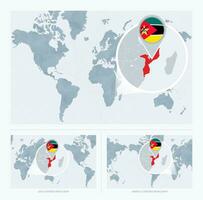 magnificado Mozambique terminado mapa de el mundo, 3 versiones de el mundo mapa con bandera y mapa de Mozambique. vector