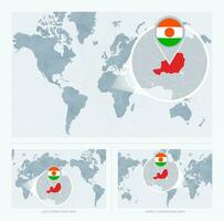 Magnified Niger over Map of the World, 3 versions of the World Map with flag and map of Niger. vector