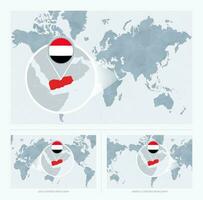 Magnified Yemen over Map of the World, 3 versions of the World Map with flag and map of Yemen. vector