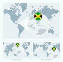 magnificado Jamaica terminado mapa de el mundo, 3 versiones de el mundo mapa con bandera y mapa de Jamaica. vector