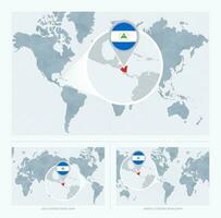 Magnified Nicaragua over Map of the World, 3 versions of the World Map with flag and map of Nicaragua. vector