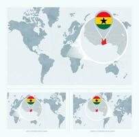 Magnified Ghana over Map of the World, 3 versions of the World Map with flag and map of Ghana. vector