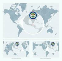 Magnified Belize over Map of the World, 3 versions of the World Map with flag and map of Belize. vector