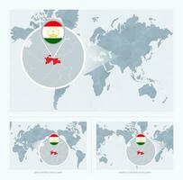 Magnified Tajikistan over Map of the World, 3 versions of the World Map with flag and map of Tajikistan. vector