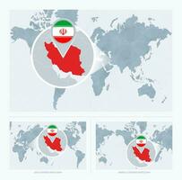 Magnified Iran over Map of the World, 3 versions of the World Map with flag and map of Iran. vector