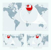 Magnified Tonga over Map of the World, 3 versions of the World Map with flag and map of Tonga. vector