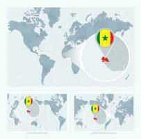 Magnified Senegal over Map of the World, 3 versions of the World Map with flag and map of Senegal. vector