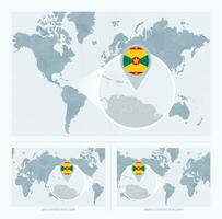 Magnified Grenada over Map of the World, 3 versions of the World Map with flag and map of Grenada. vector