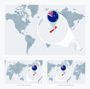magnificado nuevo Zelanda terminado mapa de el mundo, 3 versiones de el mundo mapa con bandera y mapa de nuevo zelanda vector