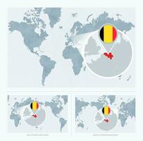 Magnified Belgium over Map of the World, 3 versions of the World Map with flag and map of Belgium. vector