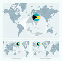 Magnified The Bahamas over Map of the World, 3 versions of the World Map with flag and map of The Bahamas. vector