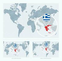 Magnified Greece over Map of the World, 3 versions of the World Map with flag and map of Greece. vector