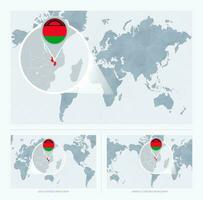 Magnified Malawi over Map of the World, 3 versions of the World Map with flag and map of Malawi. vector