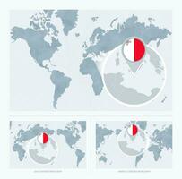 Magnified Malta over Map of the World, 3 versions of the World Map with flag and map of Malta. vector