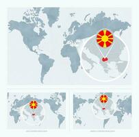 Magnified Macedonia over Map of the World, 3 versions of the World Map with flag and map of Macedonia. vector