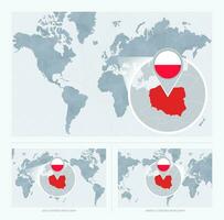 Magnified Poland over Map of the World, 3 versions of the World Map with flag and map of Poland. vector