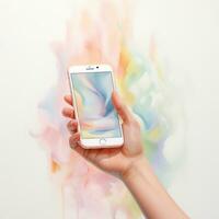 Hand holding smartphone. Online communication concept. Watercolor illustration. photo