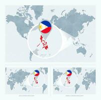 Magnified Philippines over Map of the World, 3 versions of the World Map with flag and map of Philippines. vector