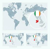 Magnified Ireland over Map of the World, 3 versions of the World Map with flag and map of Ireland. vector