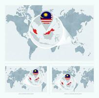 Magnified Malaysia over Map of the World, 3 versions of the World Map with flag and map of Malaysia. vector