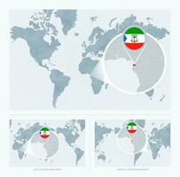 Magnified Equatorial Guinea over Map of the World, 3 versions of the World Map with flag and map of Equatorial Guinea. vector