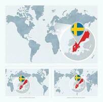 Magnified Sweden over Map of the World, 3 versions of the World Map with flag and map of Sweden. vector